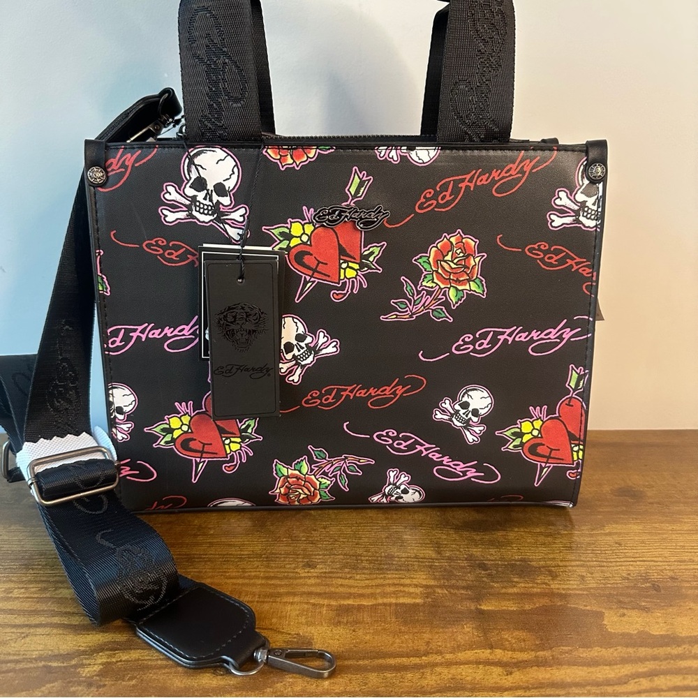 New Ed Hardy Black Square Tote Crossbody Handbag Tattoo Red Pink Roses Skull